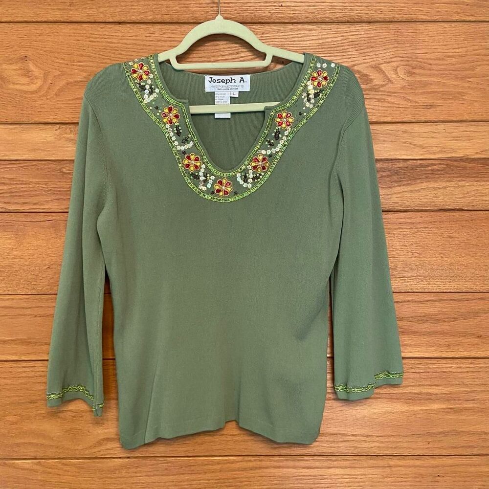 Vintage 90s Y2K Joseph A beaded floral ribbed shirt